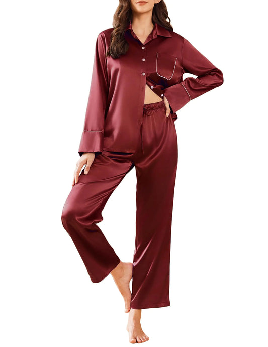 Ekouaer Silk Pajamas for Women Satin Pajama Sets Button Down Lounge Sets Silky Pajama Long Pants Sleepwear with Pockets Wine Red