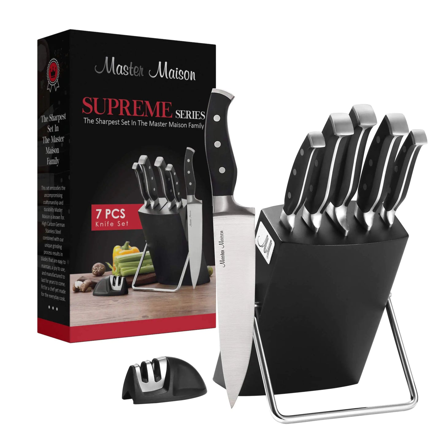 Master Maison 7-Piece Knife Block Set - German Stainless Steel Kitchen Knife Set with 8 Inch Chefs Knife Knife Sharpener and Black Wooden Block - Professional Cooking Knives