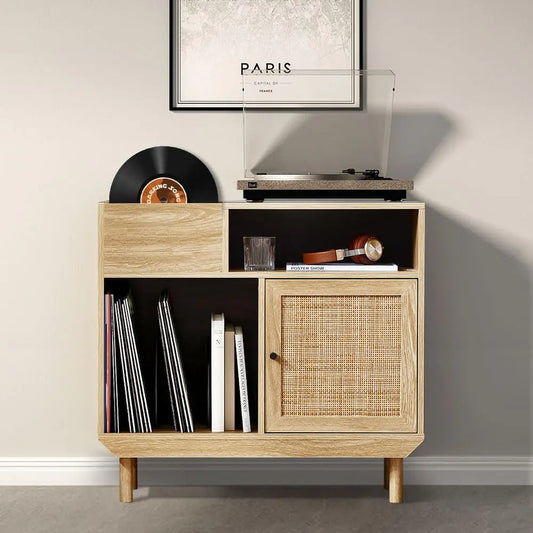 Vintage Record Player Stand Vinyl Record Storage Table Turntable Stand Record Player Cabinet with Storage Vinyl Record Player Stand with Rattan Door Printer Stand with Open Storage Shelves-Natural